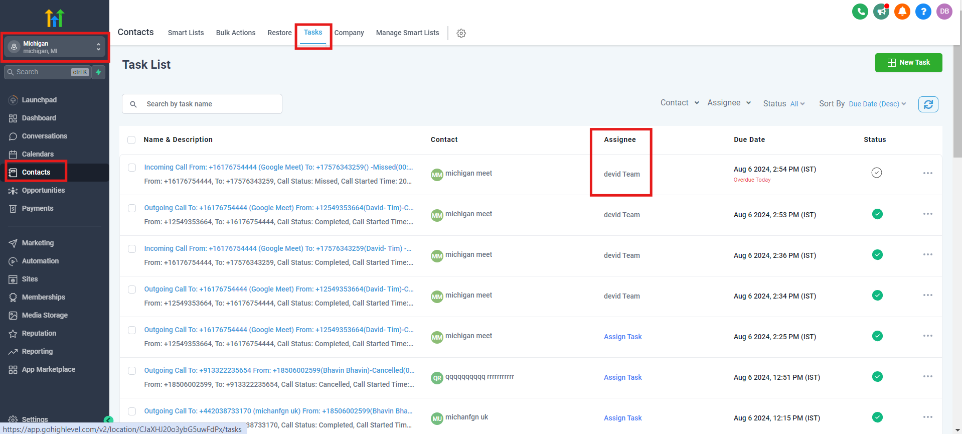 Assignee column showing the assigned team member in the GoHighLevel Task list