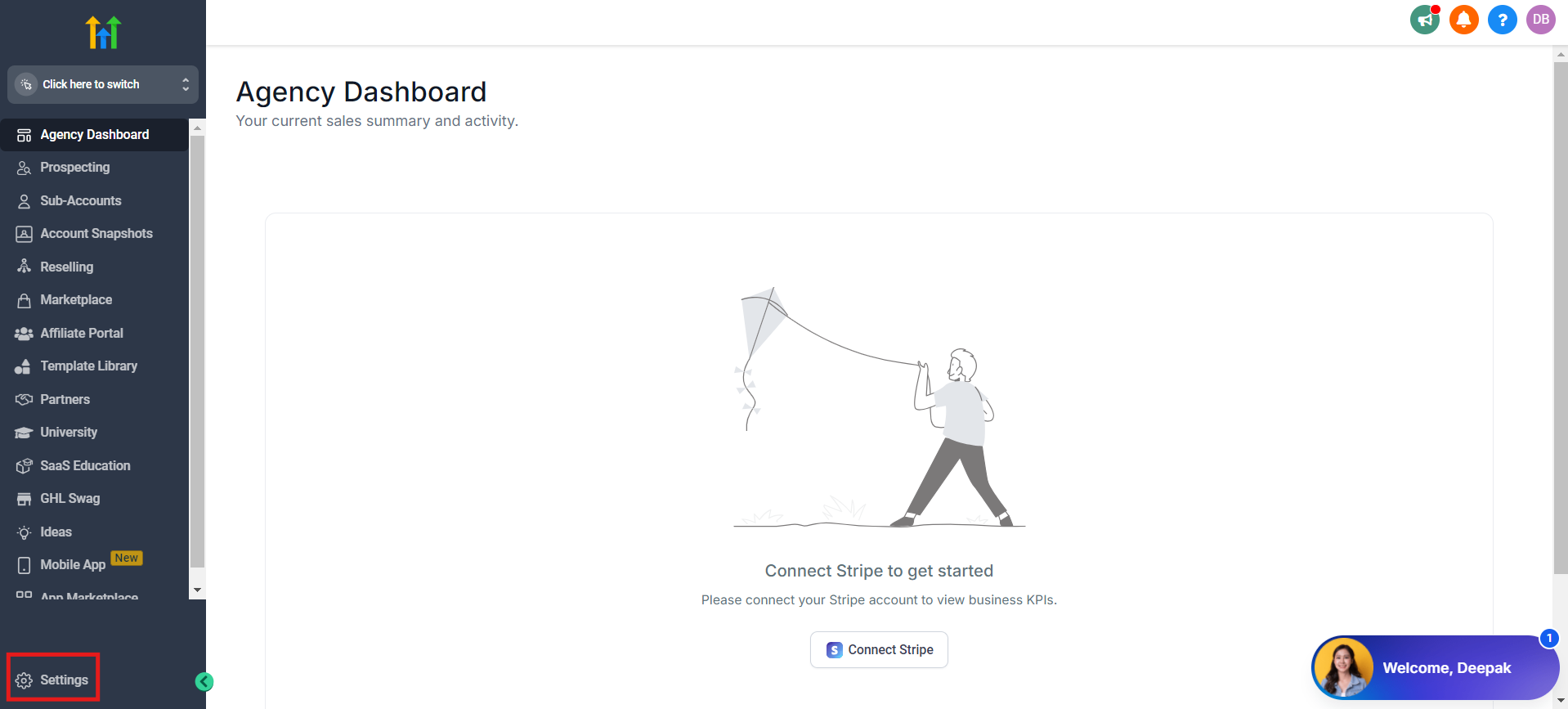 Settings link in the GoHighLevel Agency Dashboard sidebar