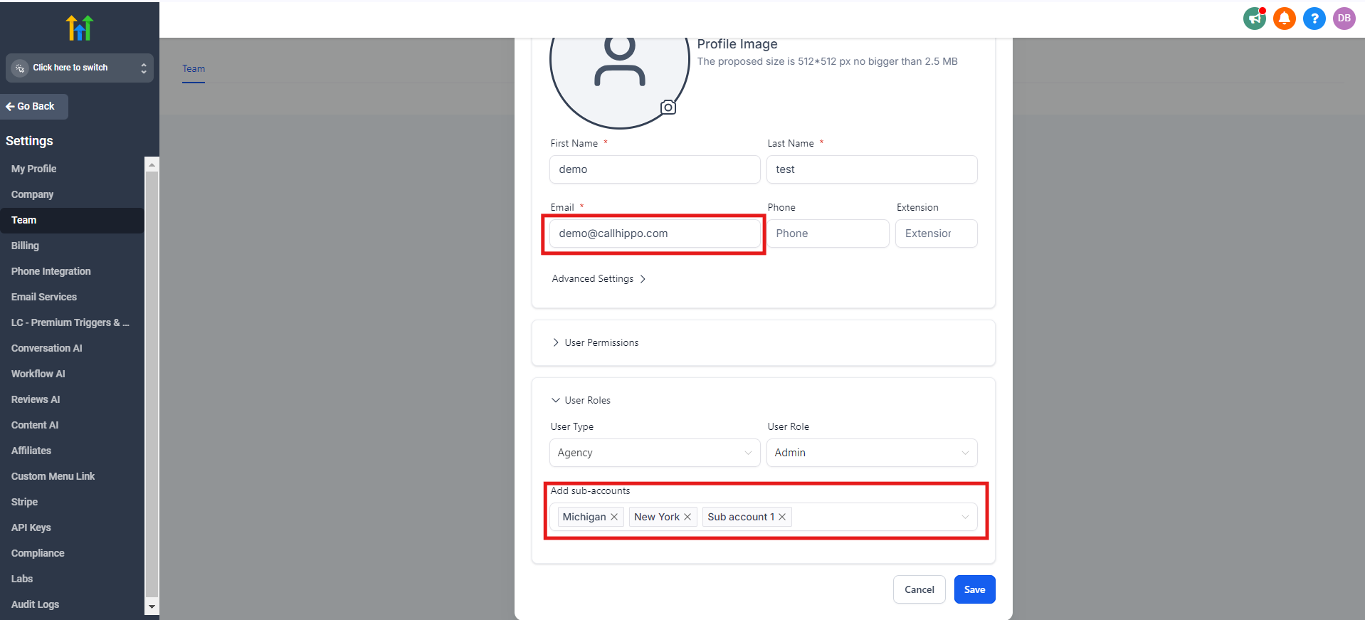Employee form with email field and assigned sub-accounts in GoHighLevel