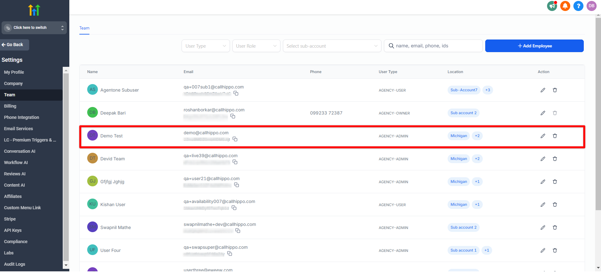 Newly added employee shown in the GoHighLevel Team list