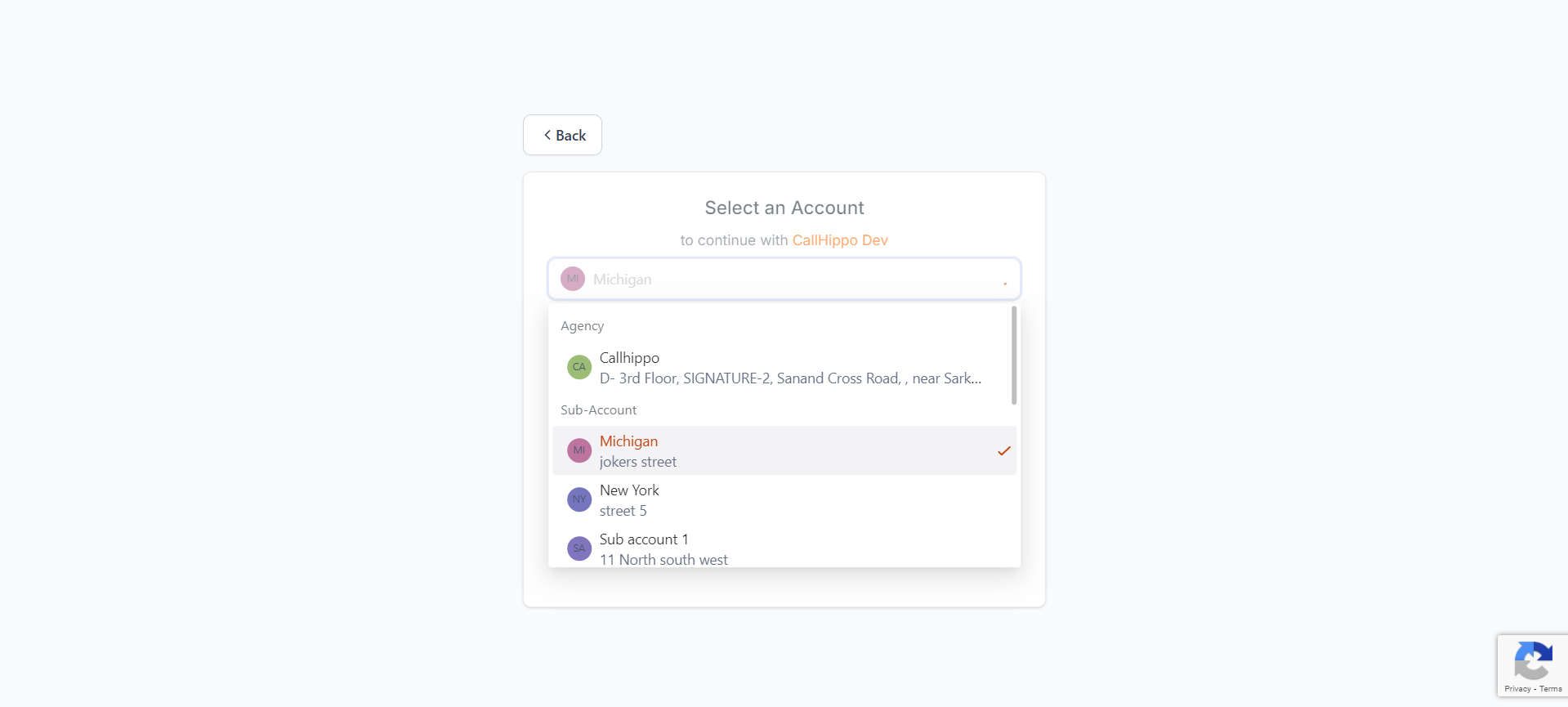 GoHighLevel Select an Account page listing the agency account and sub-accounts