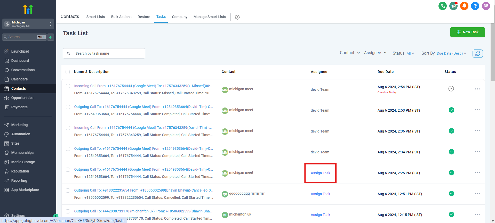 Assign Task link shown in the GoHighLevel Task list when no assignee name is available