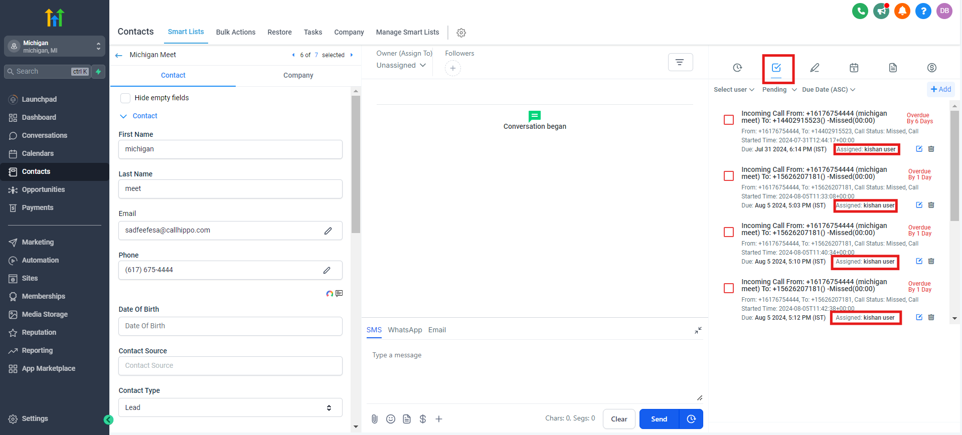 Assignee name shown on tasks under a specific GoHighLevel contact