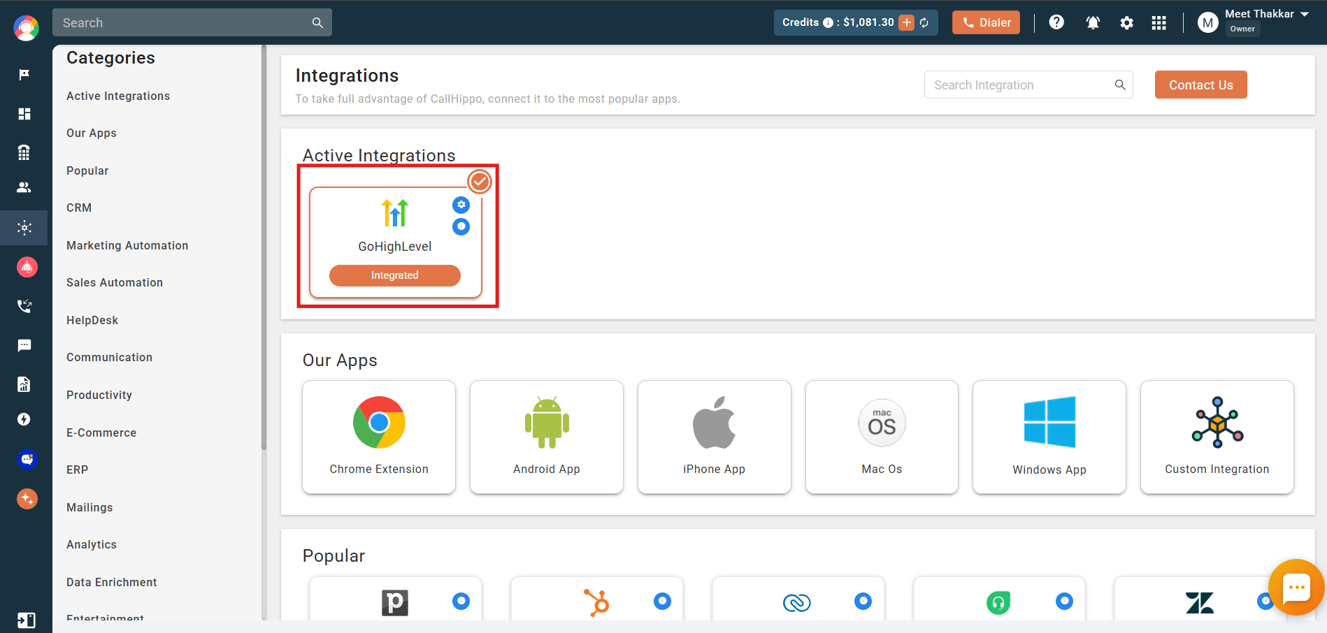 GoHighLevel showing as Integrated under Active Integrations in CallHippo