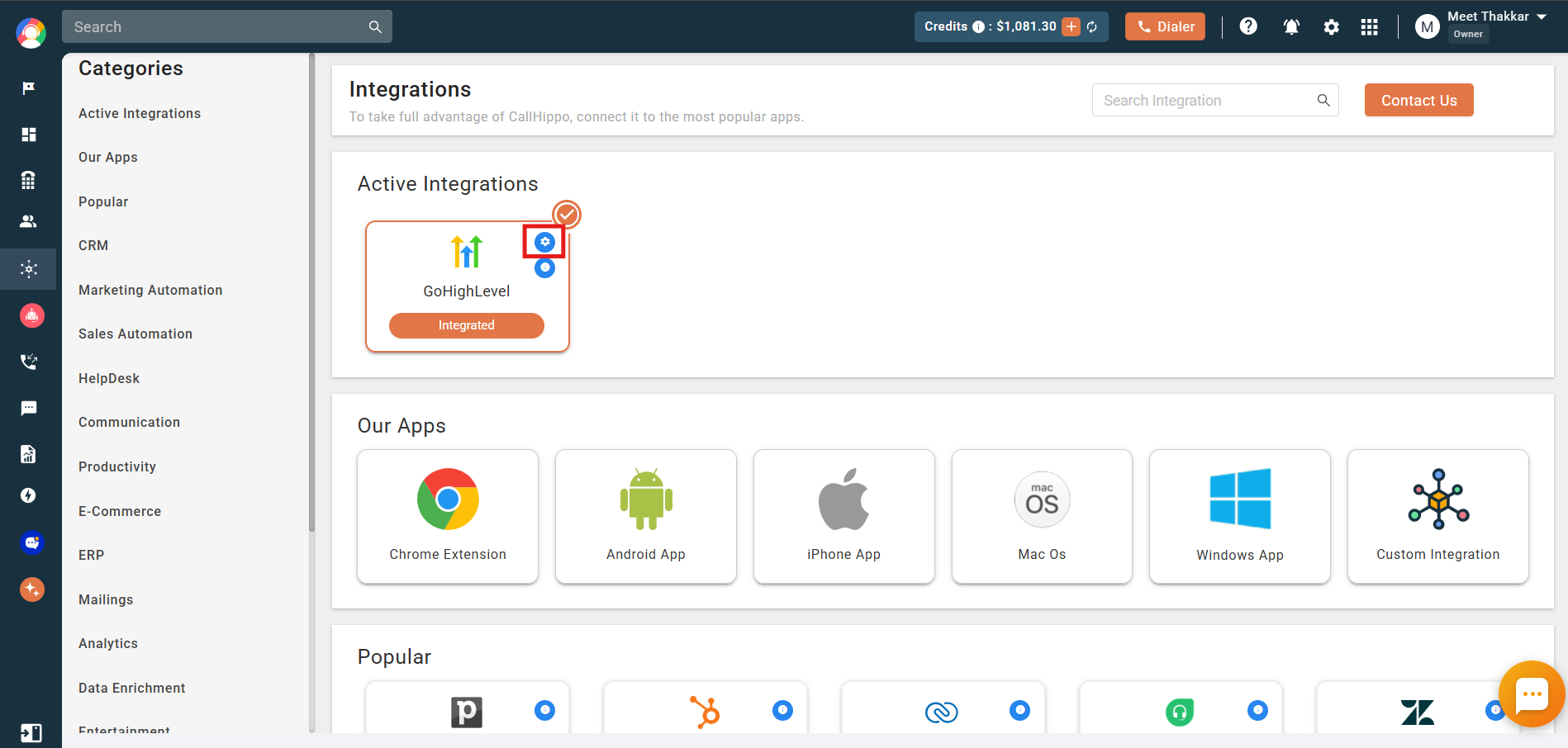 Settings gear icon on the GoHighLevel active integration card in CallHippo