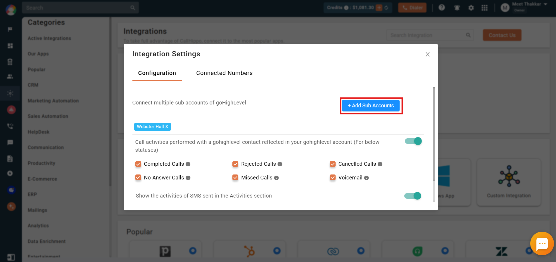 Add Sub Accounts button in the GoHighLevel integration Configuration tab