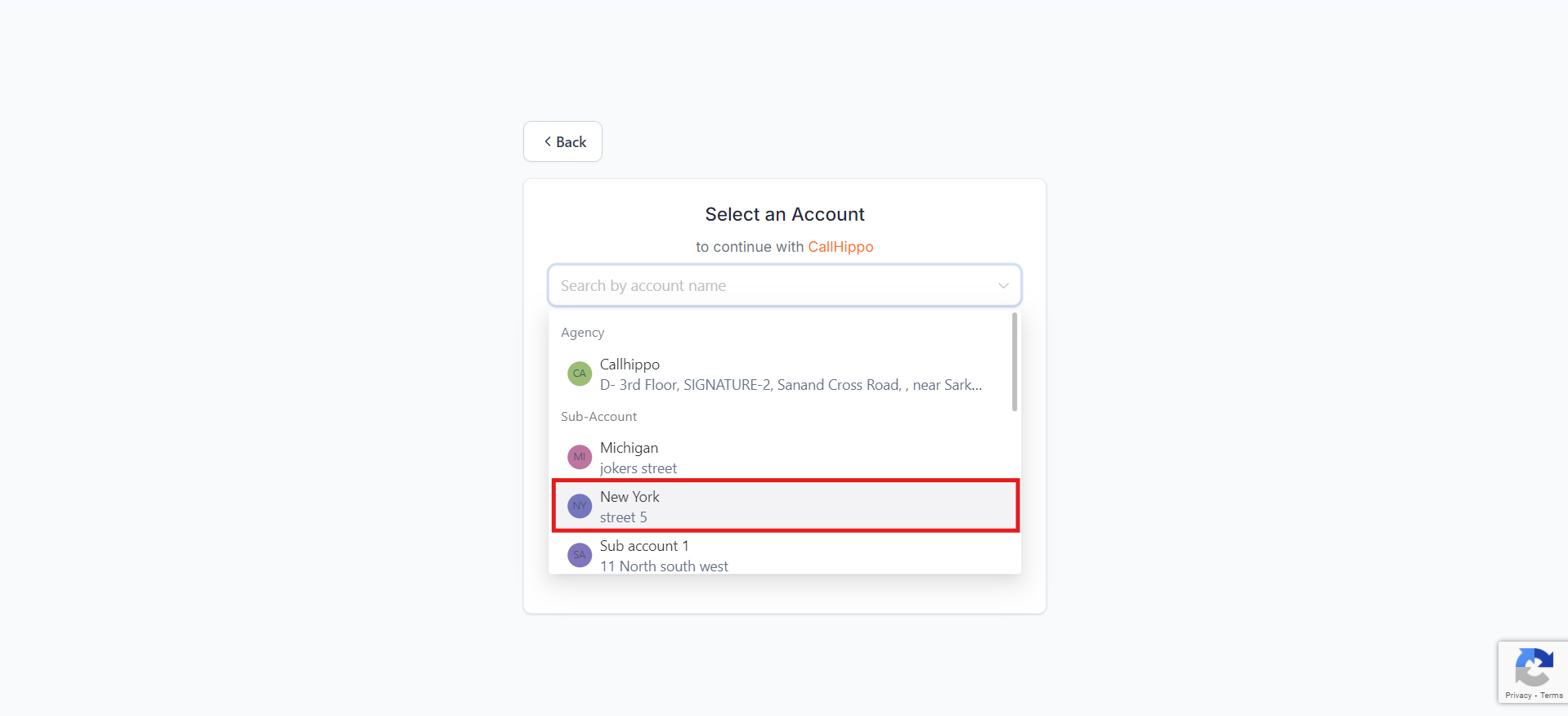 Selecting the New York sub-account on the GoHighLevel account selection page