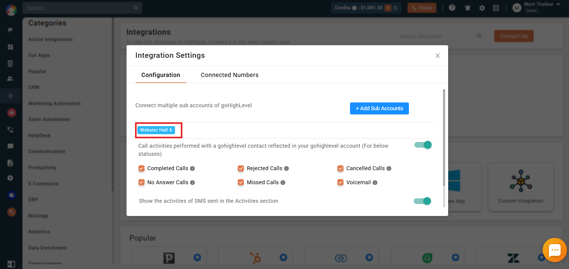 Integrated sub-account shown as a chip in the GoHighLevel integration settings