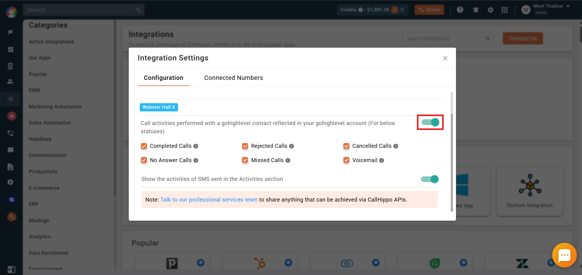 Call activities toggle and call status checkboxes in GoHighLevel integration settings