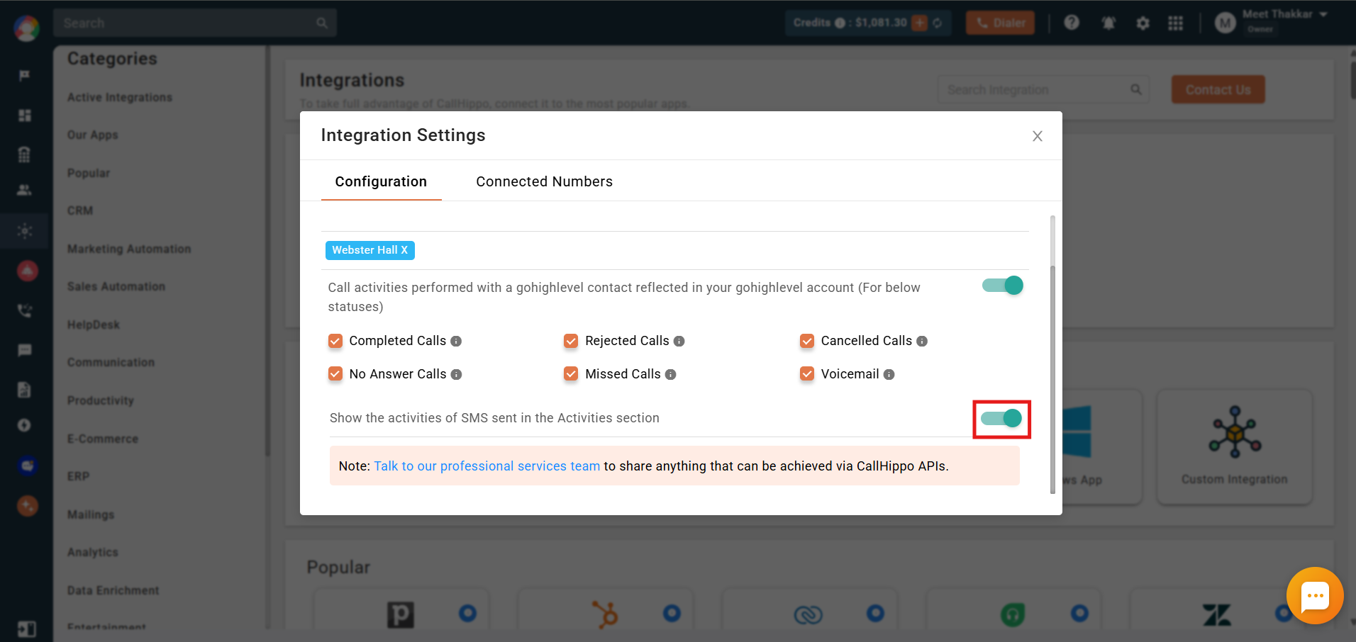 SMS activities toggle in the GoHighLevel integration Configuration tab