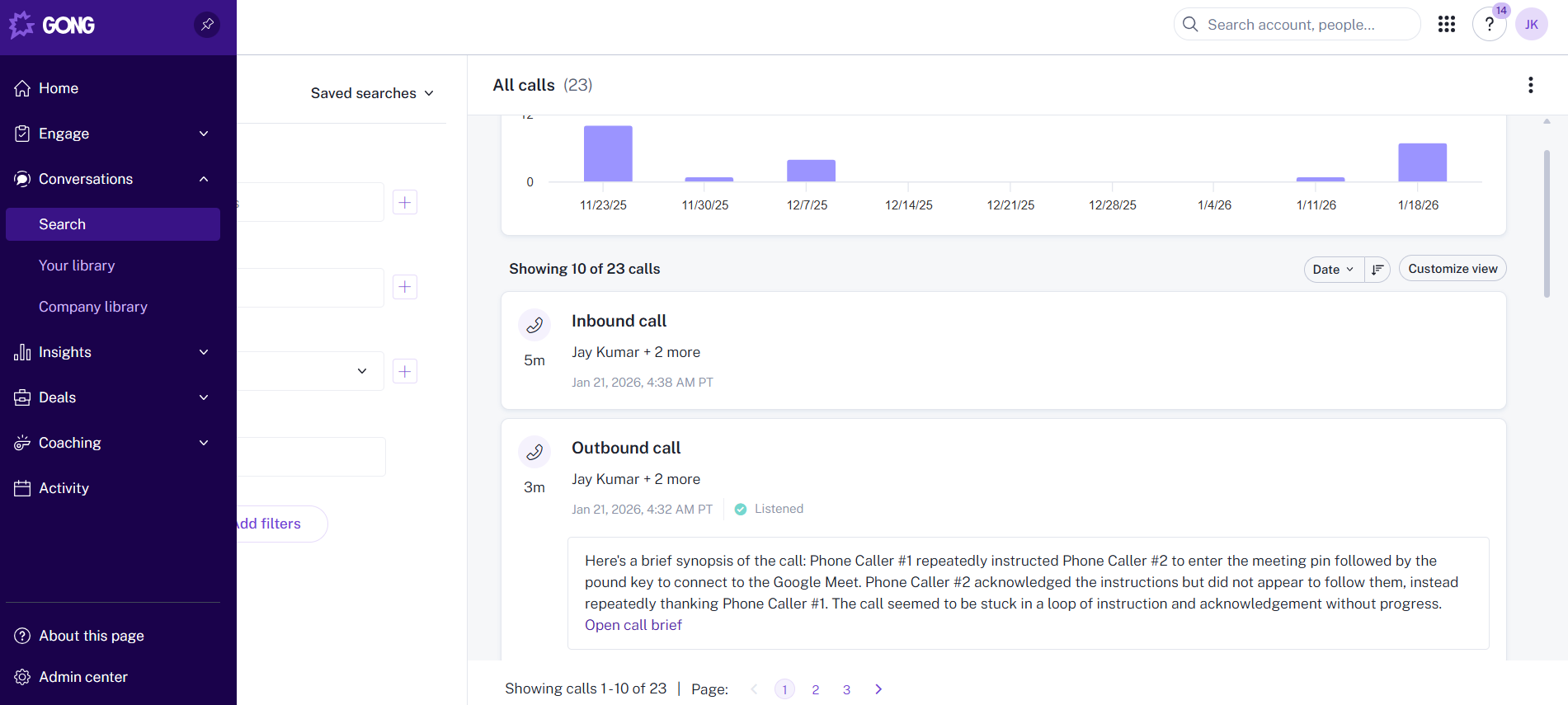 Gong All calls list showing calls synced from CallHippo