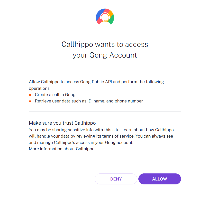 Gong permission screen granting CallHippo access