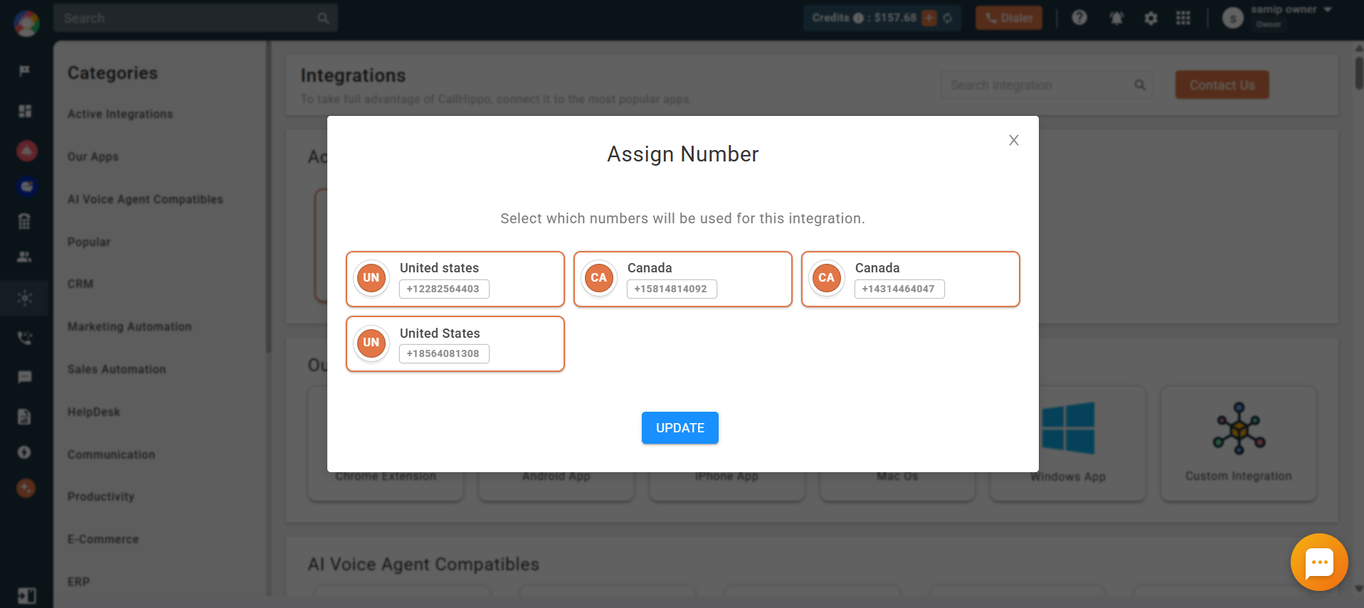 Assign Number popup to select connected numbers for the Gong integration