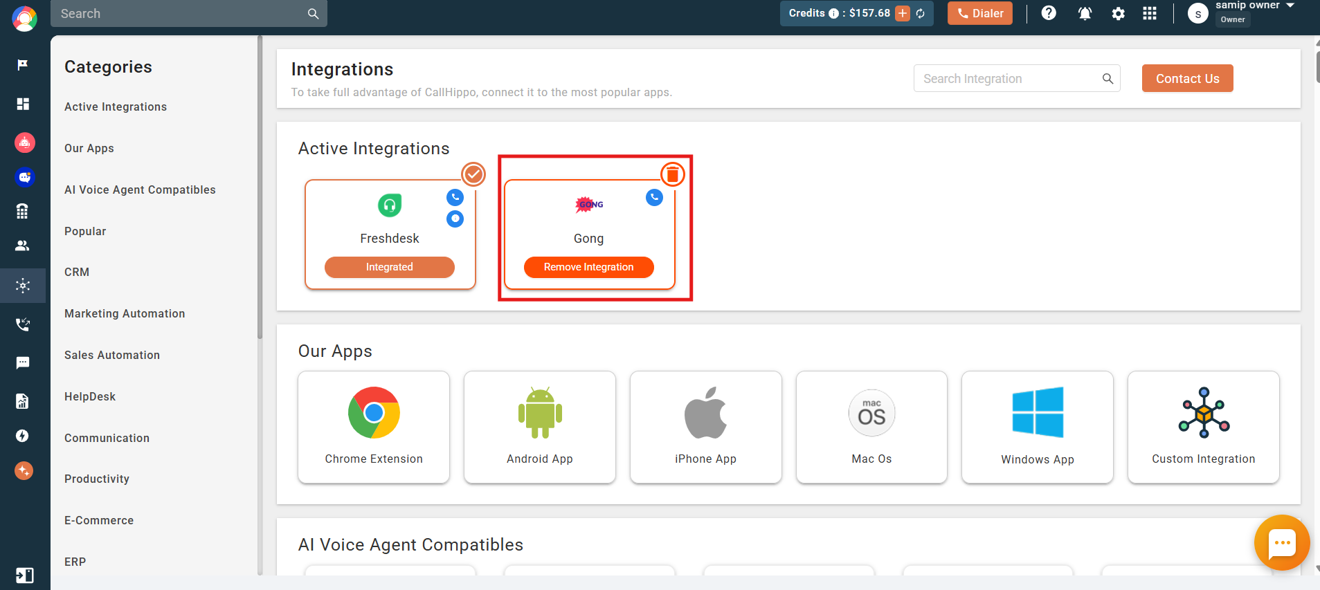 CallHippo Active Integrations showing Gong connected