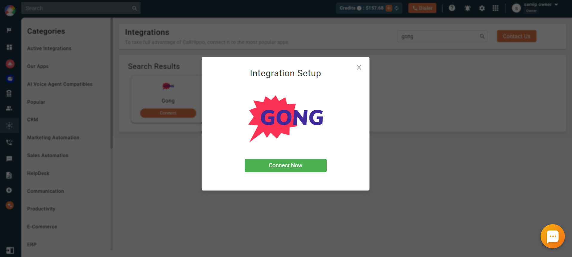 Gong integration setup popup with Connect Now button