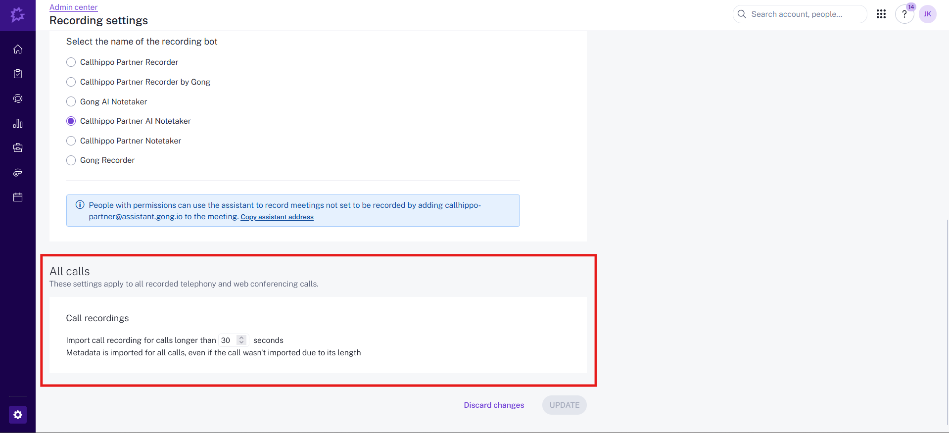 Gong Admin Center recording settings with minimum call duration