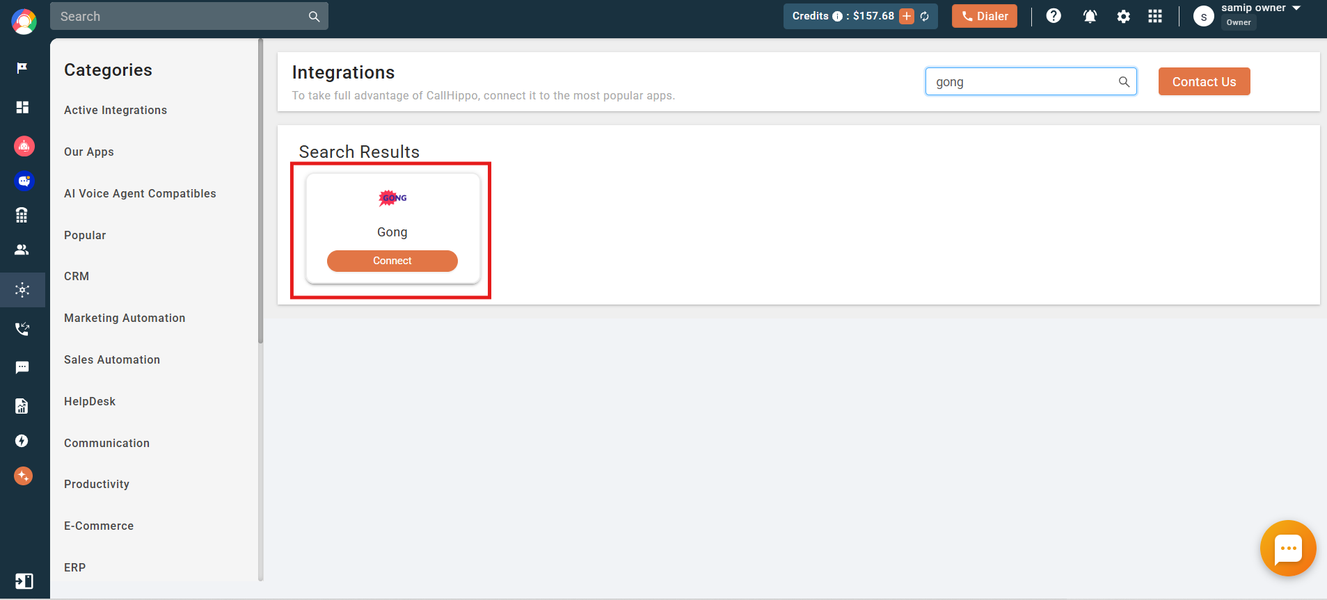 CallHippo Integrations search results showing Gong with a Connect button