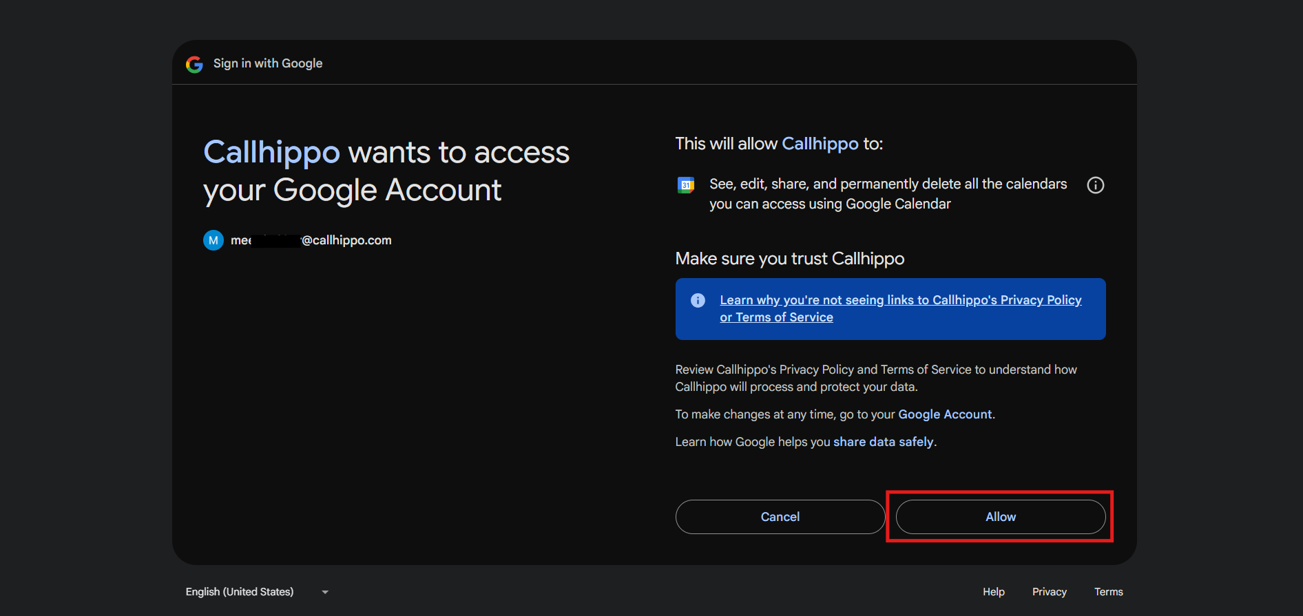 Google consent screen with the Allow button highlighted to grant CallHippo calendar access