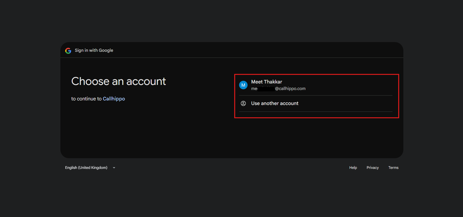 Sign in with Google screen showing account selection to continue to CallHippo