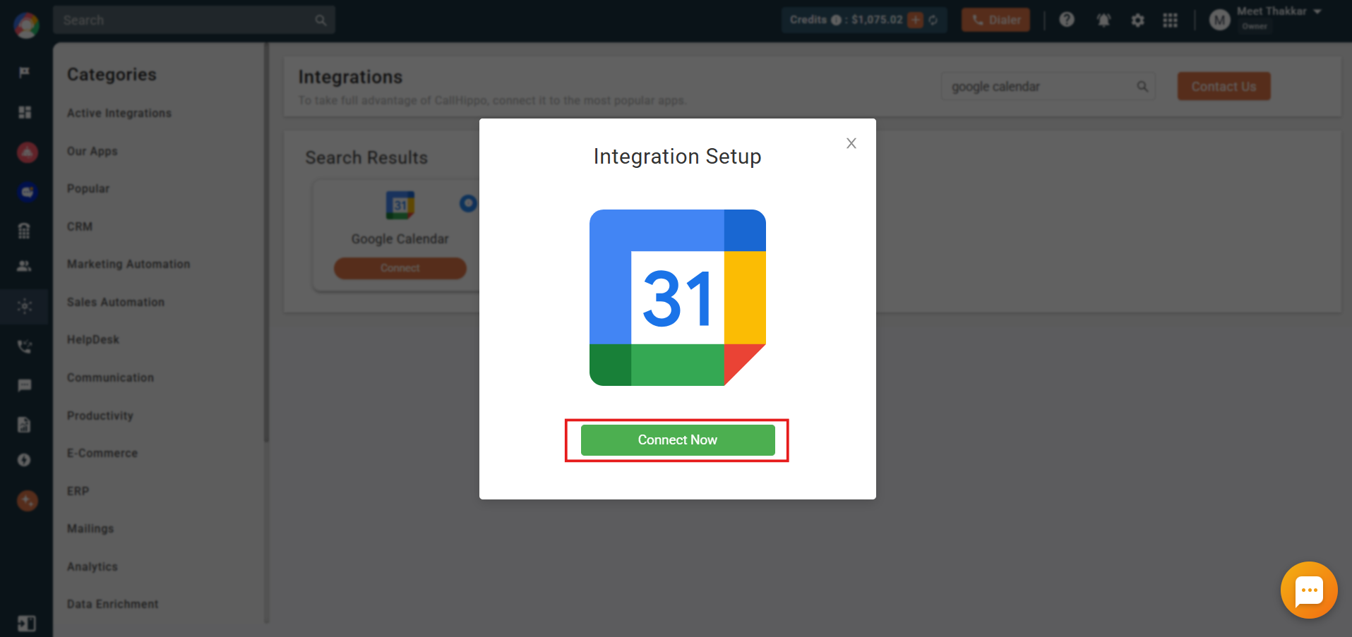 Integration Setup popup with the green Connect Now button highlighted
