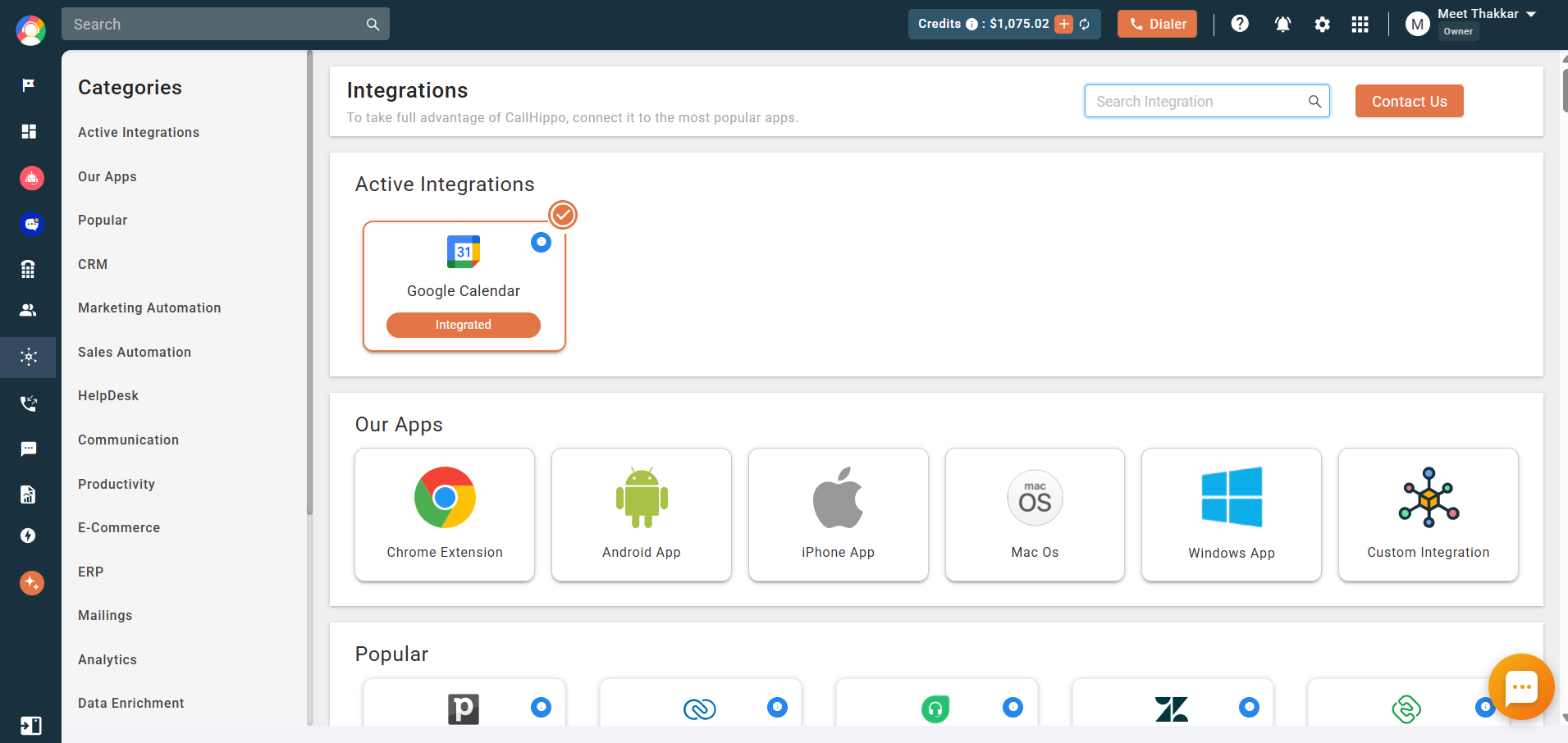 CallHippo Integrations page showing Google Calendar with Integrated status under Active Integrations