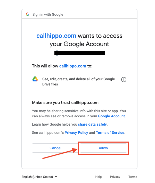 Google permission screen with the Allow button highlighted for callhippo.com