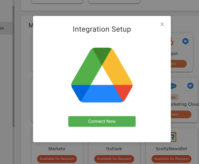 Integration Setup popup with the Connect Now button for Google Drive
