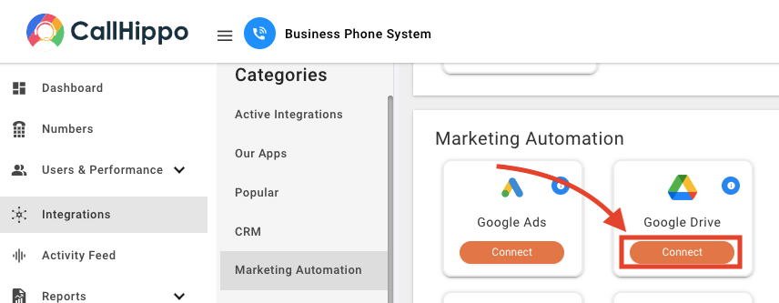 Google Drive card with Connect button on the CallHippo Integrations page