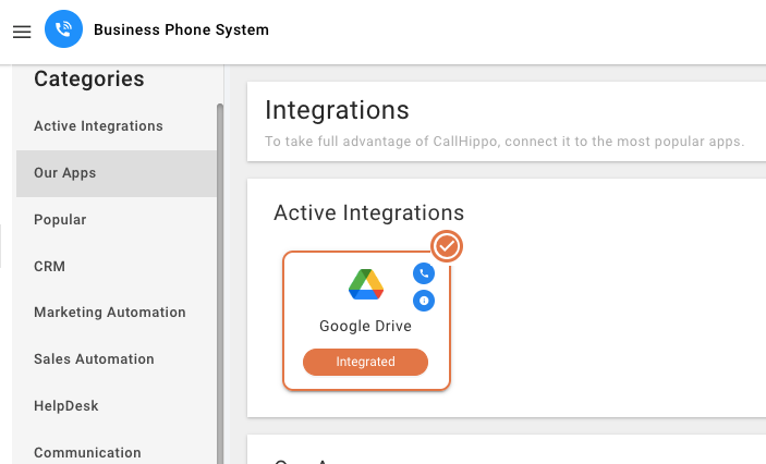 Active Integrations showing Google Drive with Integrated status