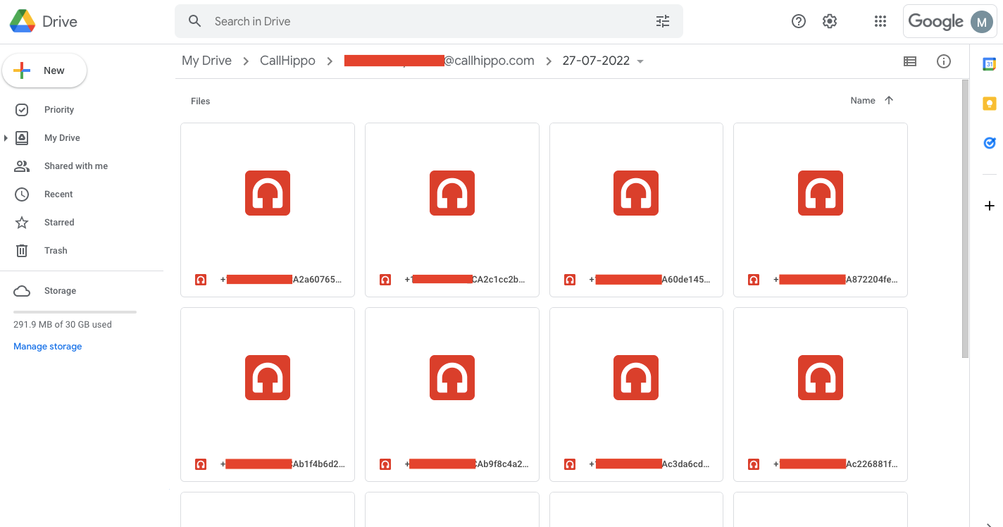 Google Drive folder showing CallHippo call recordings organized by user and date