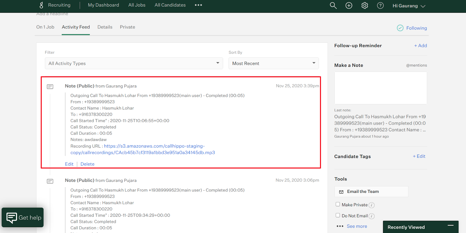 Greenhouse candidate Activity Feed showing a logged CallHippo call with duration and recording URL