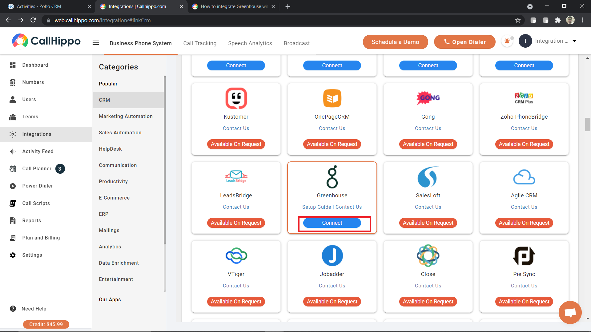 CallHippo Integrations page with the Greenhouse Connect button highlighted