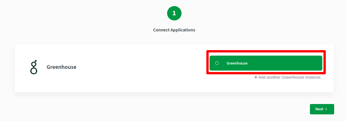 CallHippo setup showing the Greenhouse account connected with a Next button