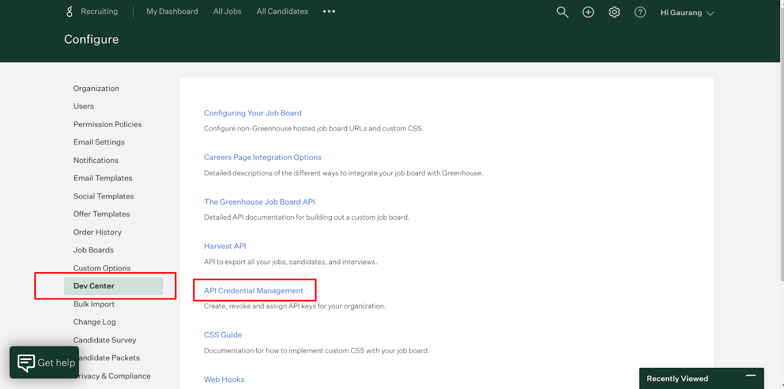 Greenhouse Configure page with Dev Center and API Credential Management highlighted