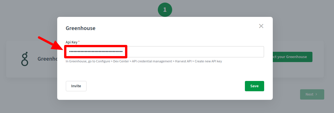 CallHippo Greenhouse popup with the API key entered and a Save button