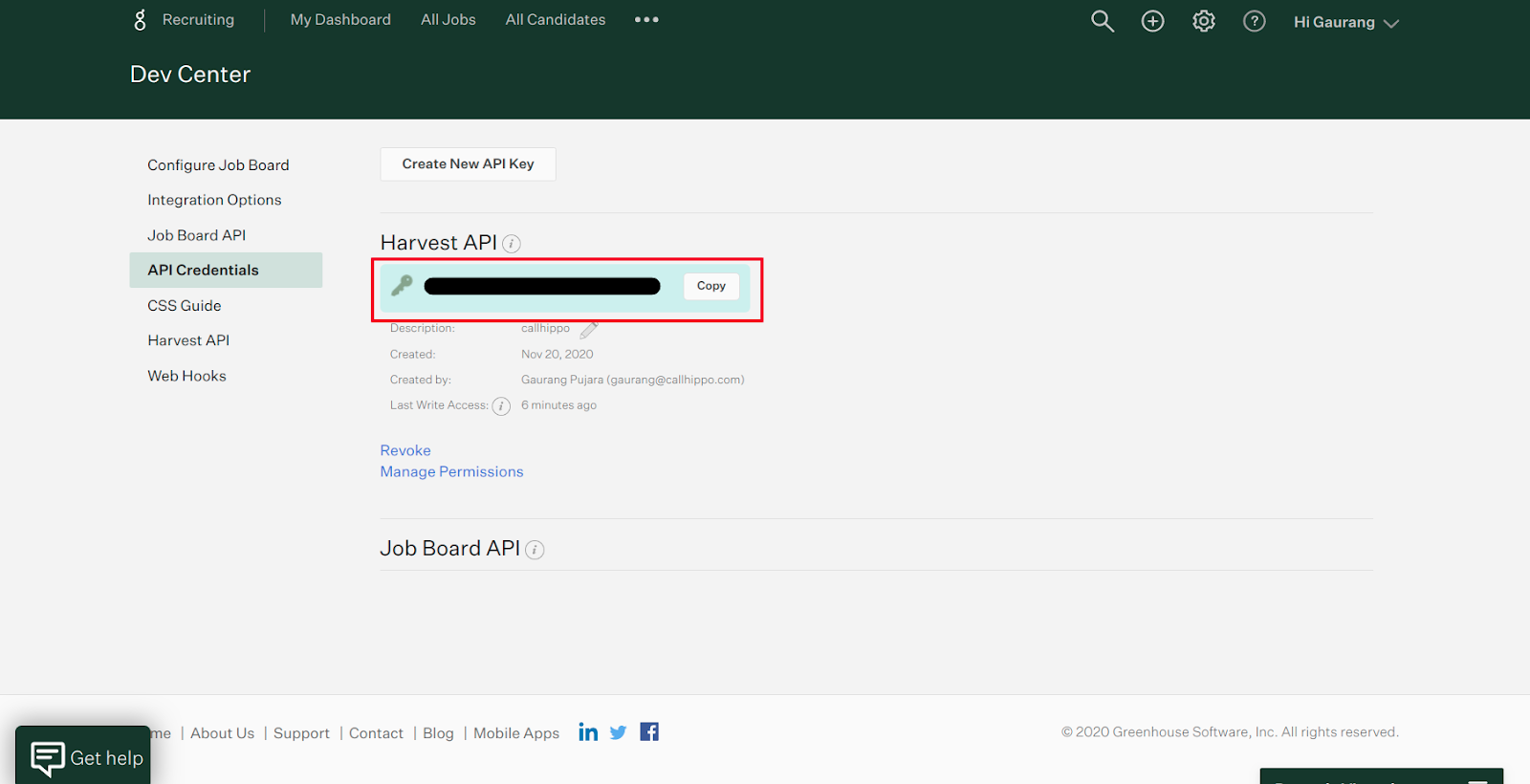 Greenhouse Dev Center API Credentials showing the Harvest API key with a Copy button