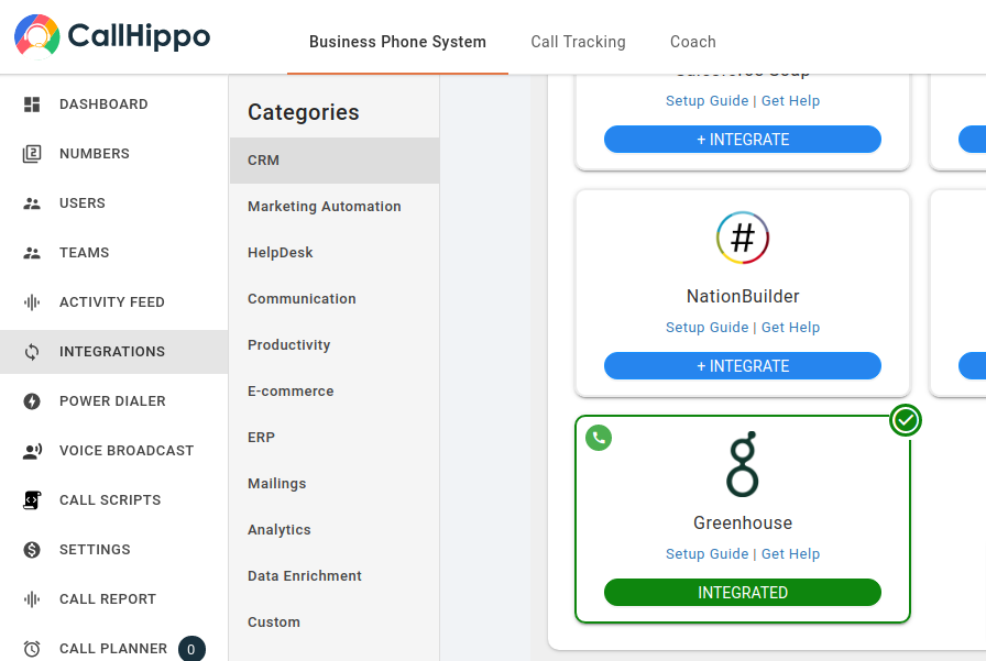 CallHippo Integrations grid showing Greenhouse marked as Integrated