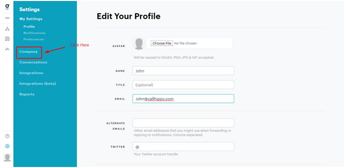 Groove Edit Your Profile settings page with the Company menu item highlighted