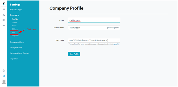 Groove Company Profile page with the API menu item highlighted