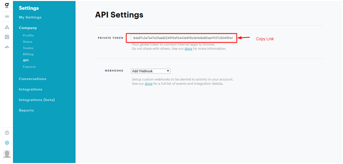 Groove API Settings page with the Private Token field highlighted to copy