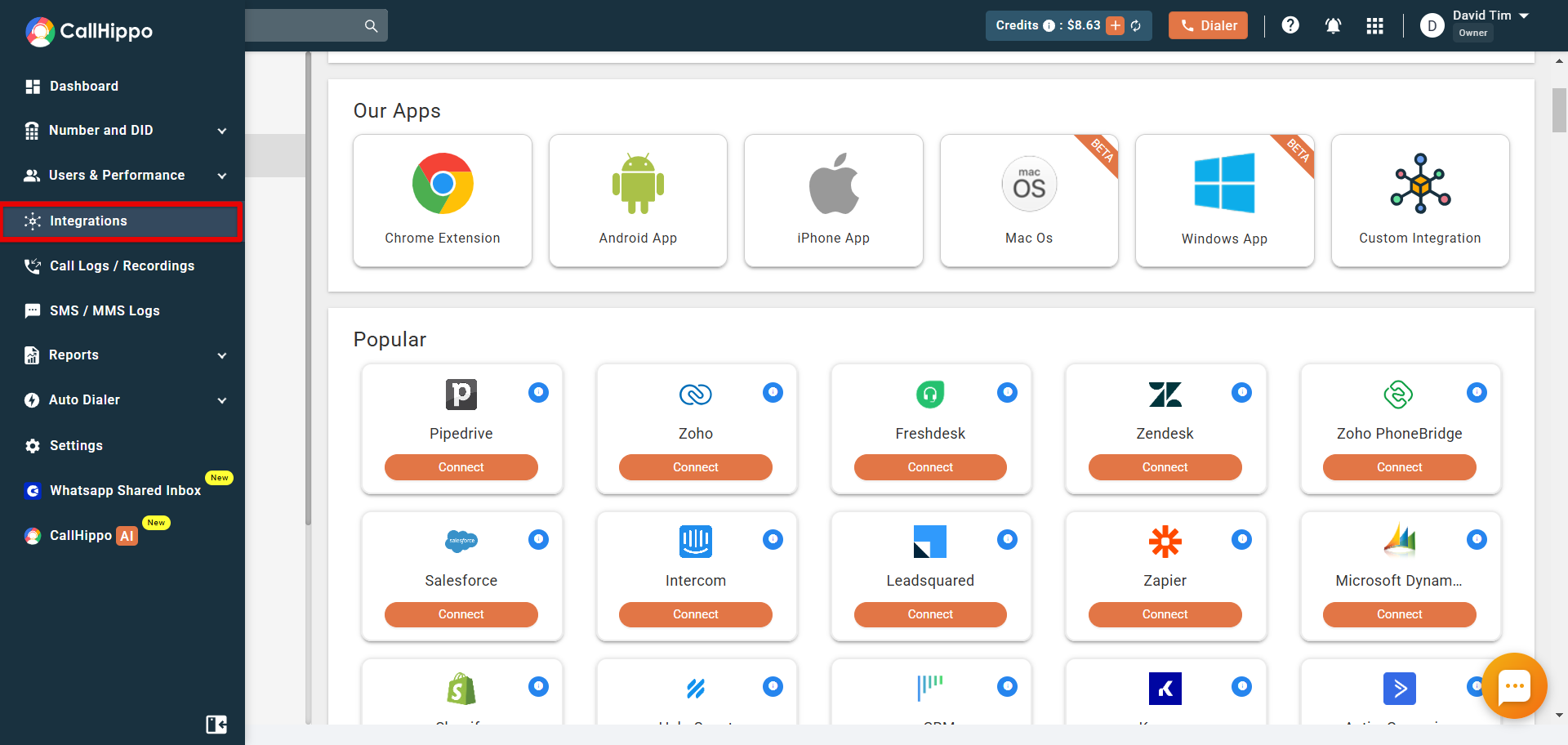 CallHippo Integrations page showing Our Apps and Popular integrations
