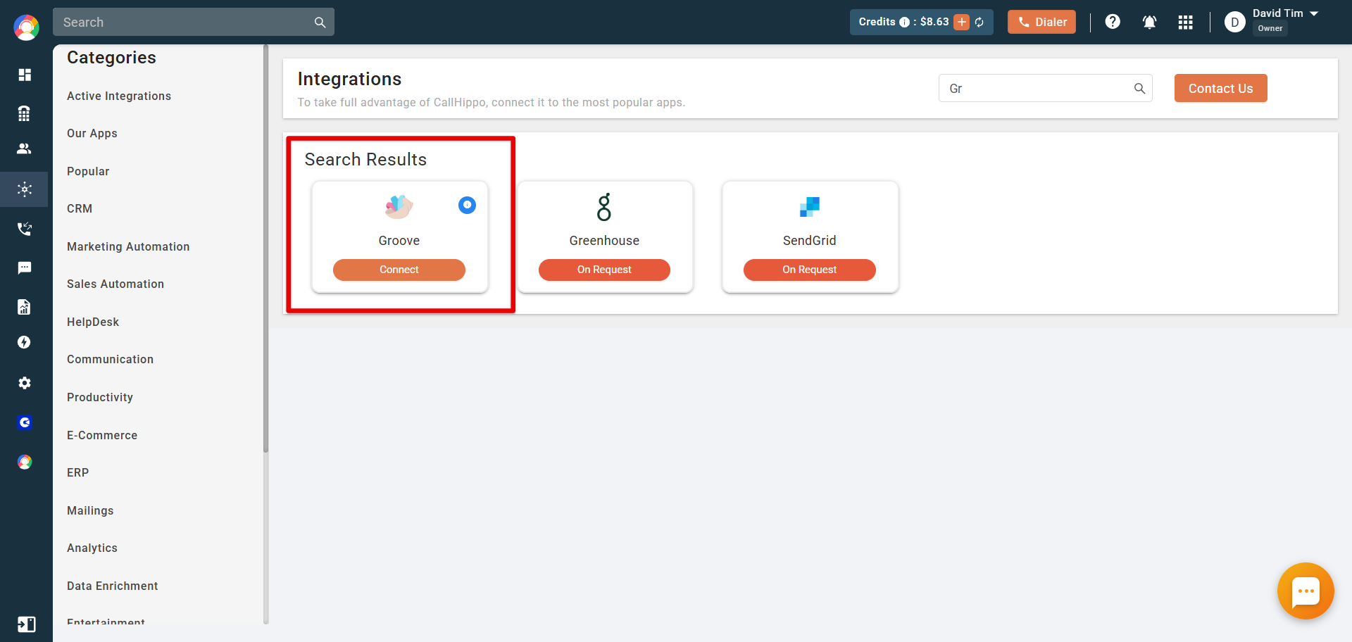CallHippo Integrations search results showing Groove with a Connect button