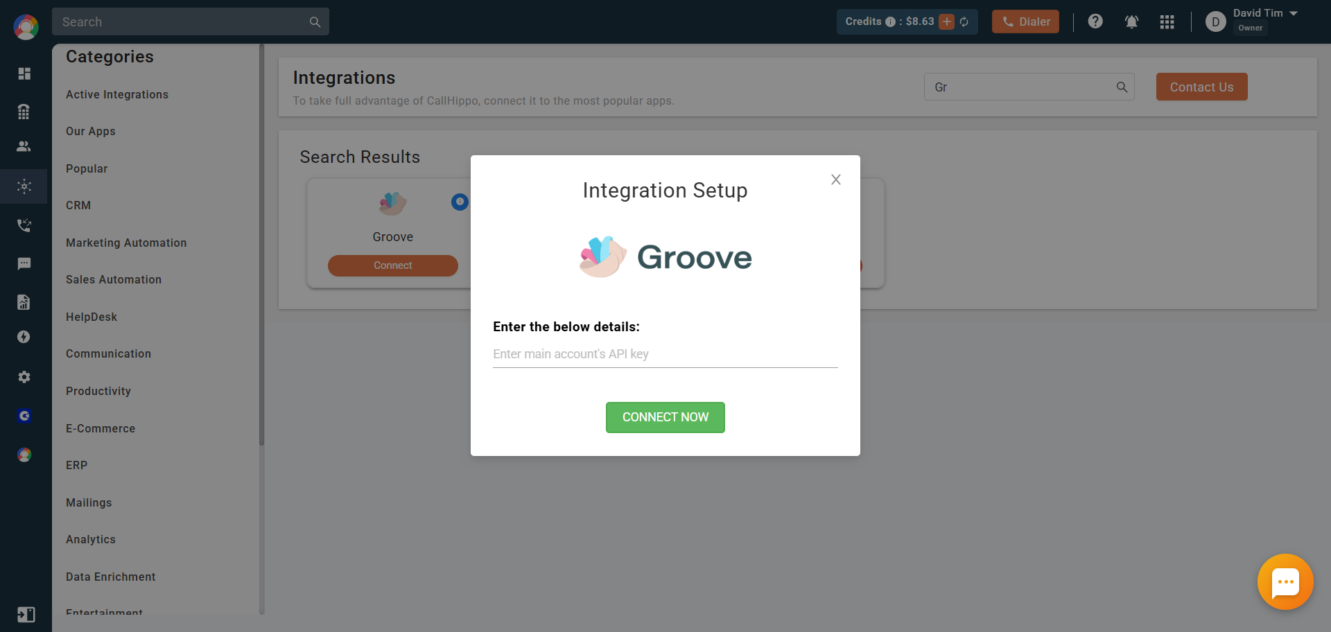 Groove Integration Setup popup with a field to enter the main account API key and a Connect Now button
