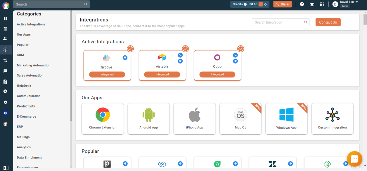 CallHippo Active Integrations showing Groove in the Integrated state