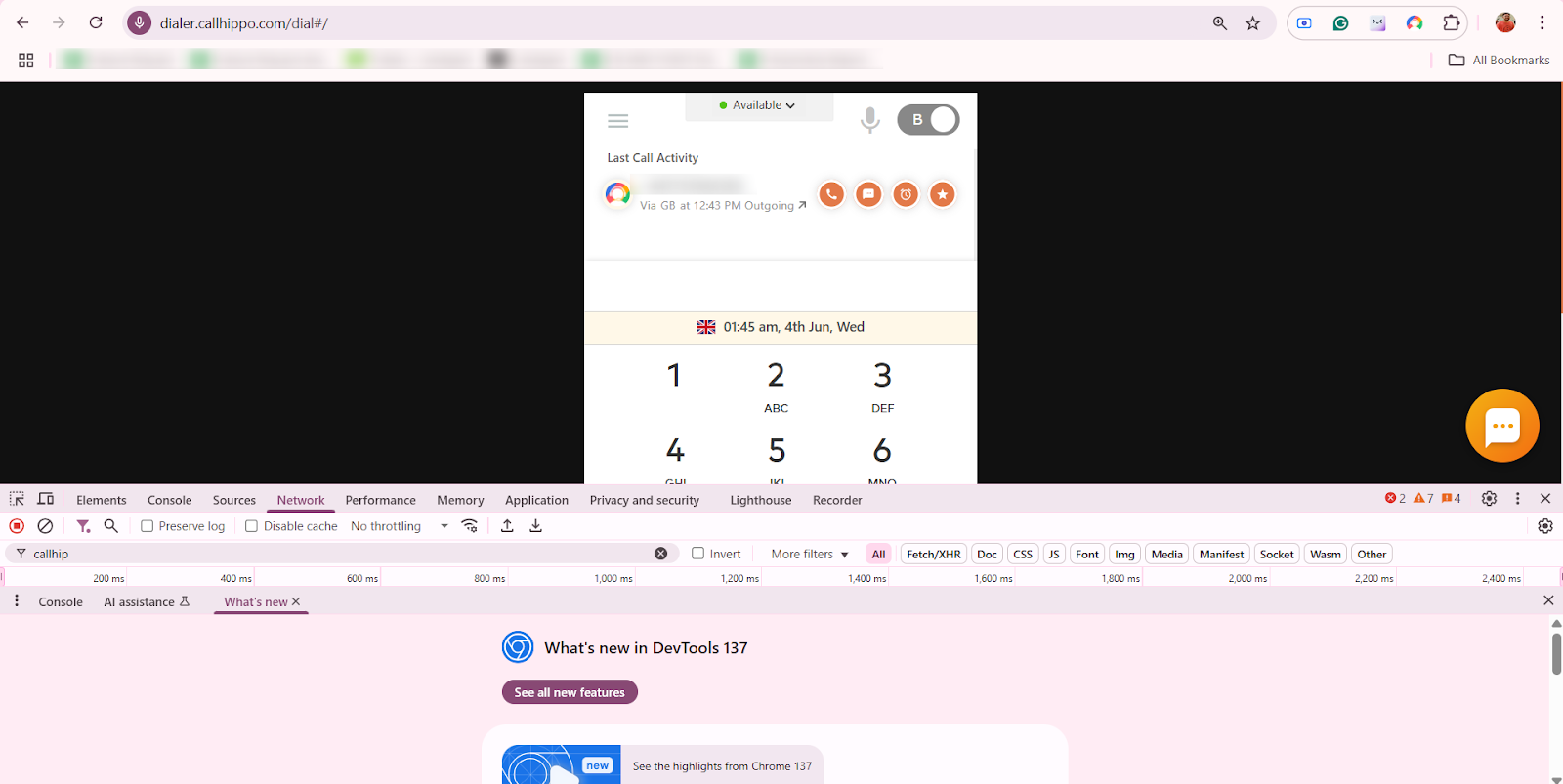 Chrome DevTools panel open with the CallHippo web dialer visible