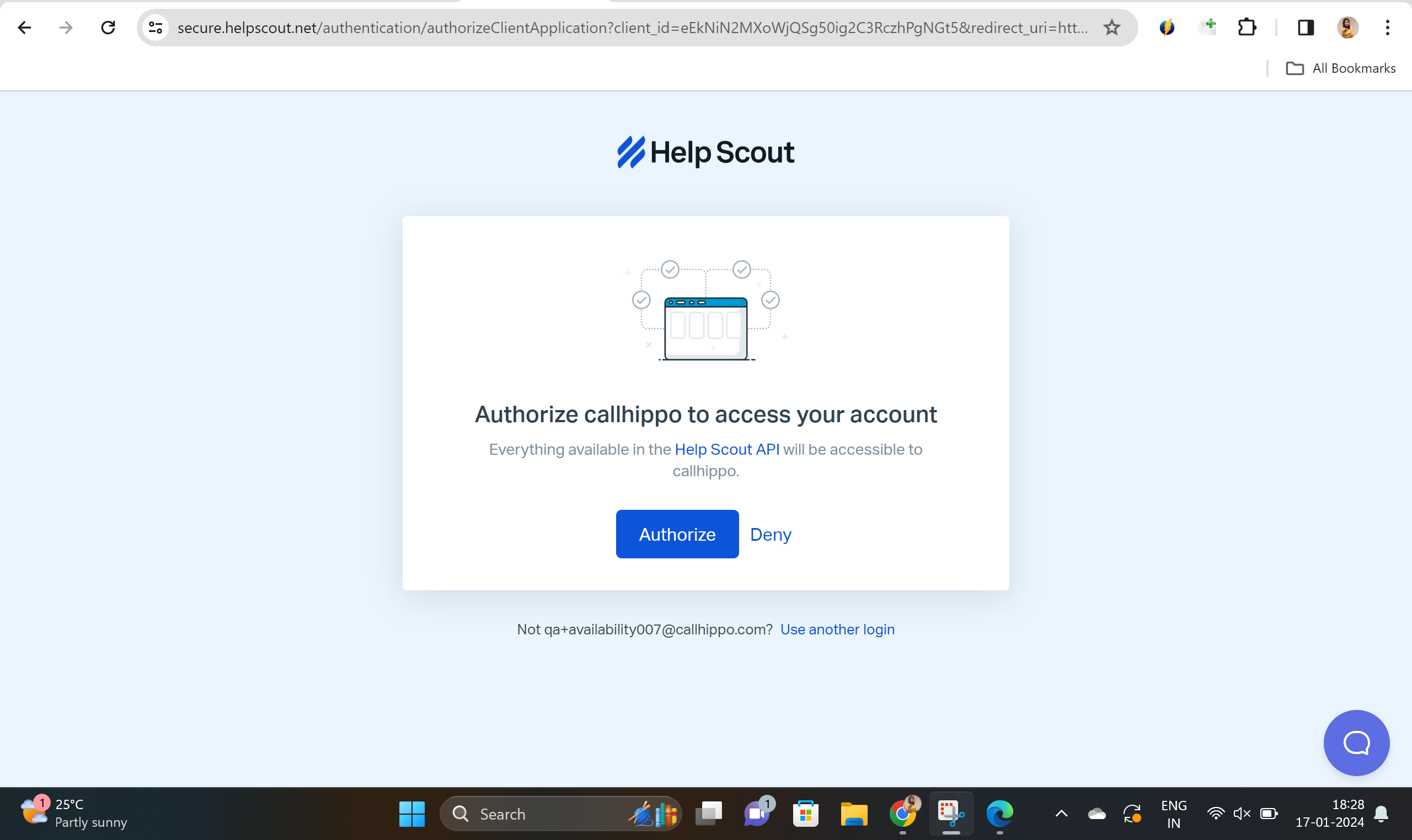 Help Scout page asking to authorize CallHippo to access your account
