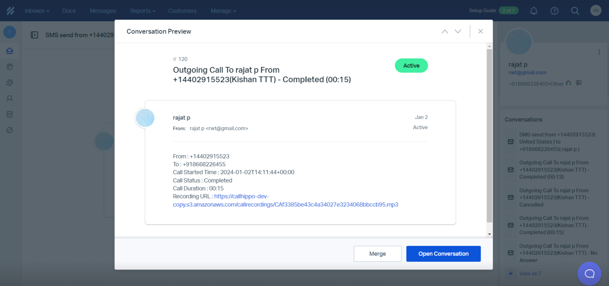 Help Scout conversation preview showing a CallHippo outgoing call log