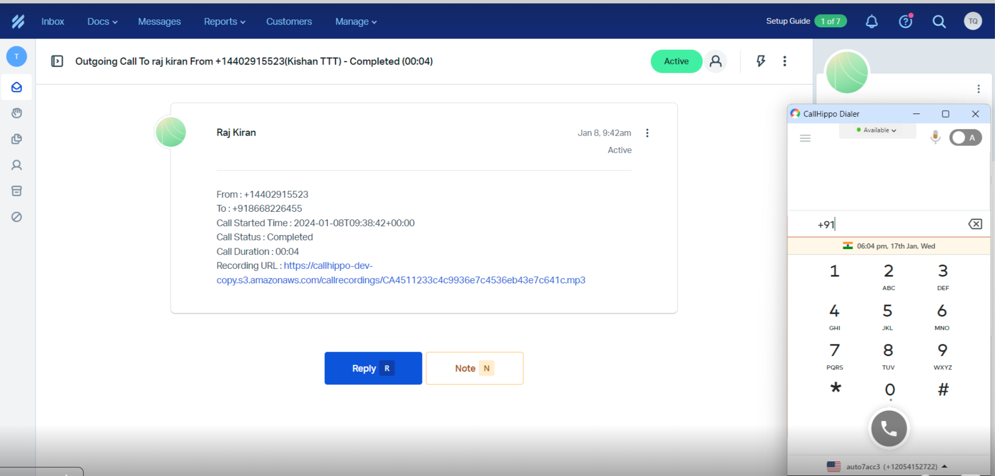 Help Scout conversation with the CallHippo dialer open for click-to-call