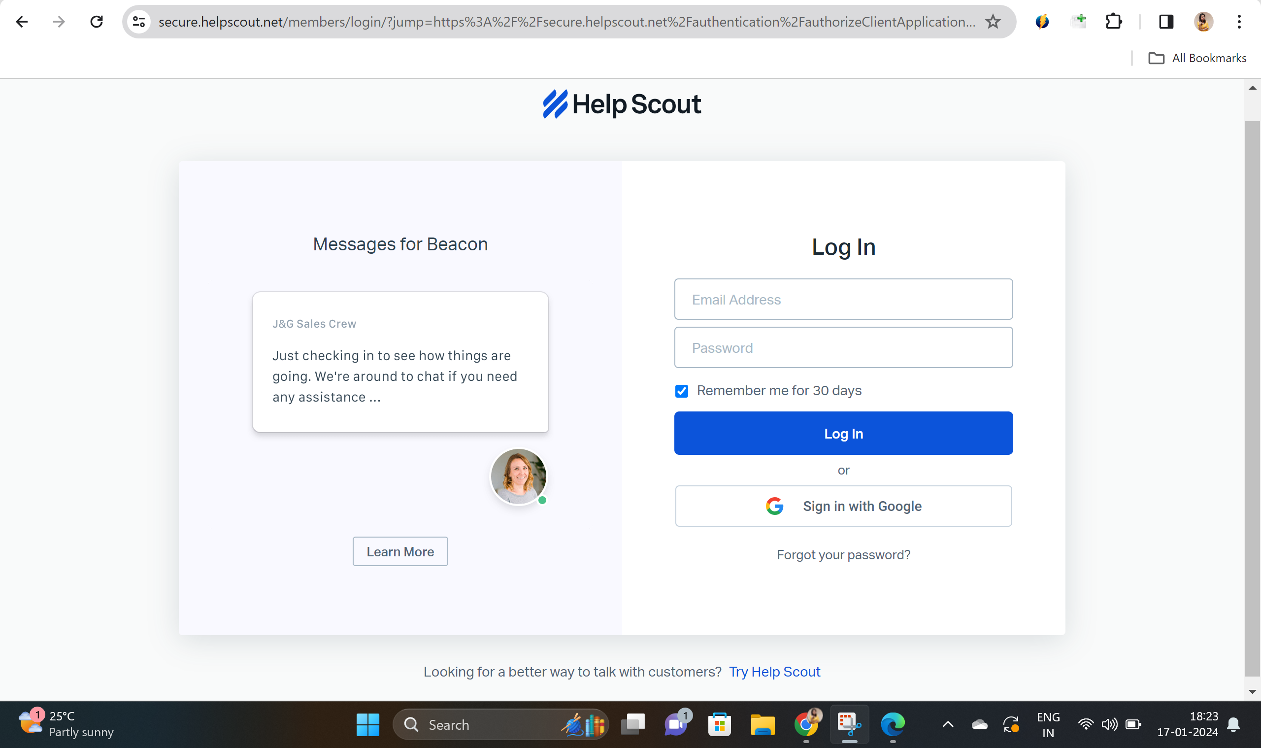 Help Scout Log In page with email and password fields