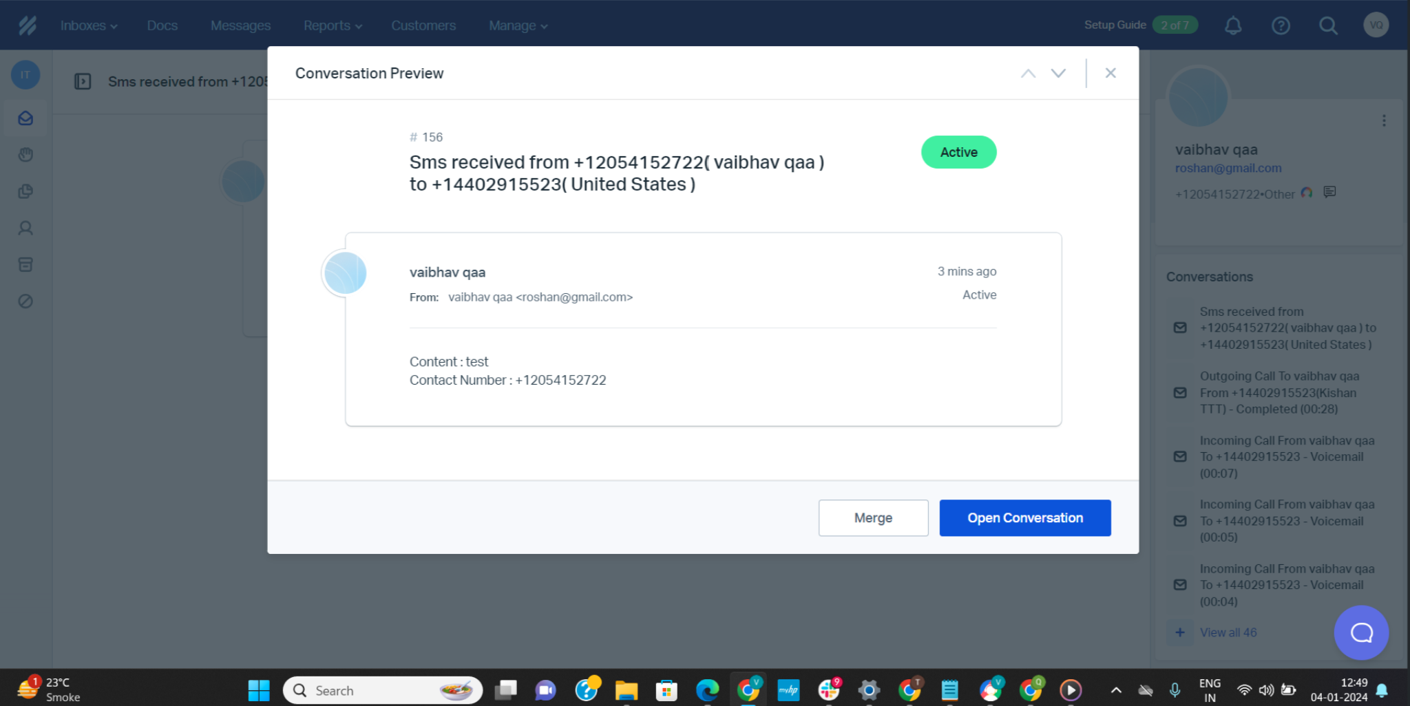 Help Scout conversation preview showing a CallHippo SMS activity
